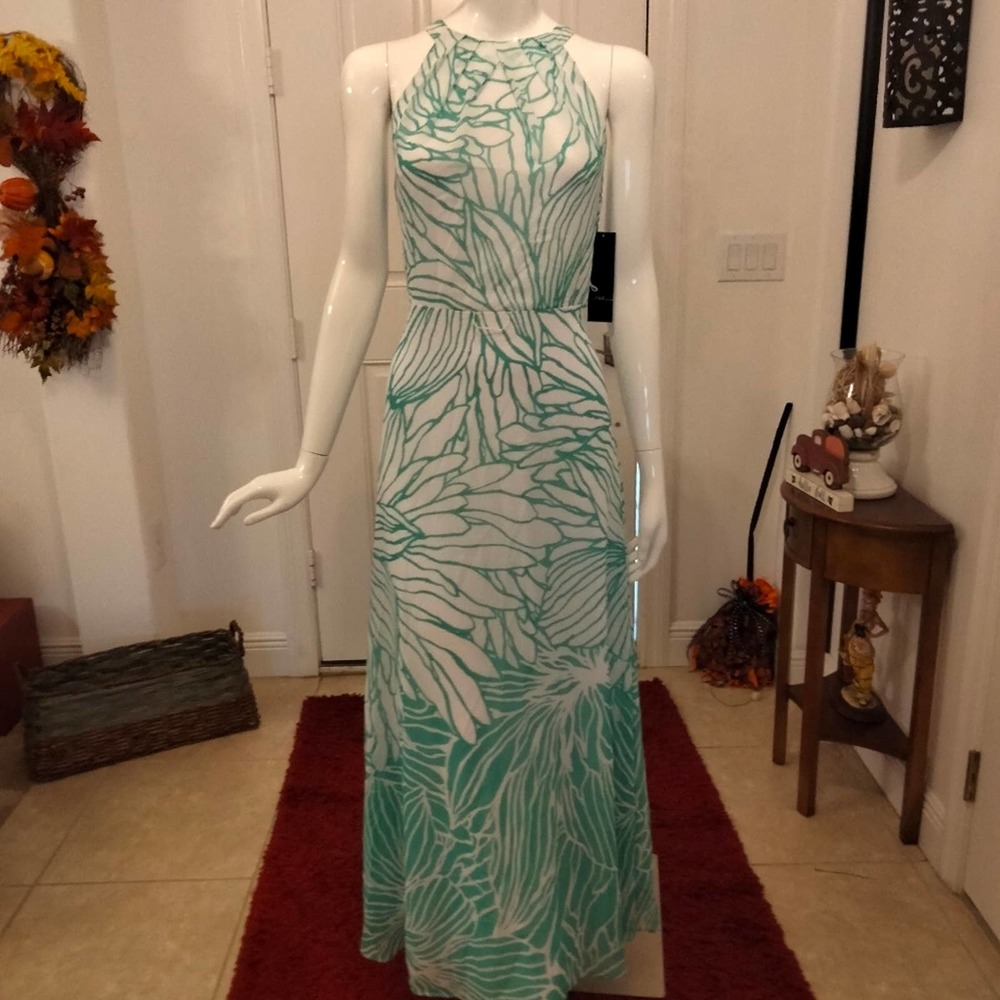 R&K  green white floral long gown 8